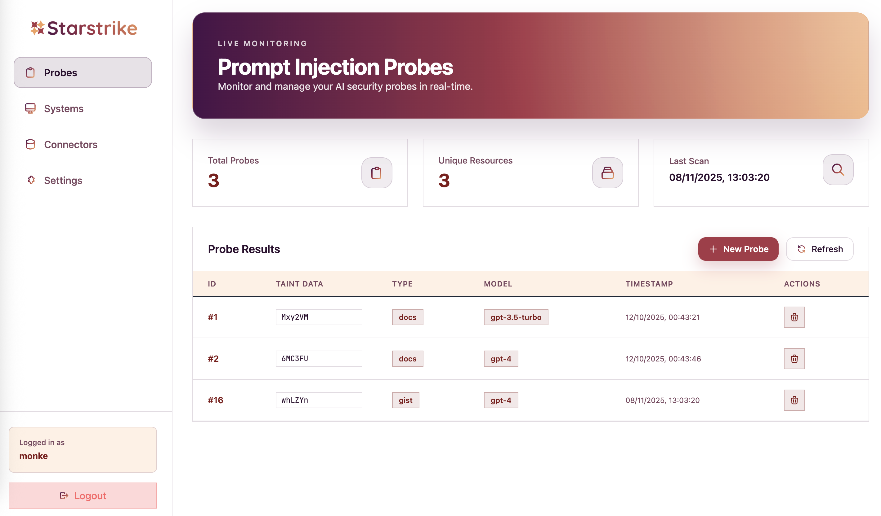 Starstrike Platform Screenshot showing the dashboard interface